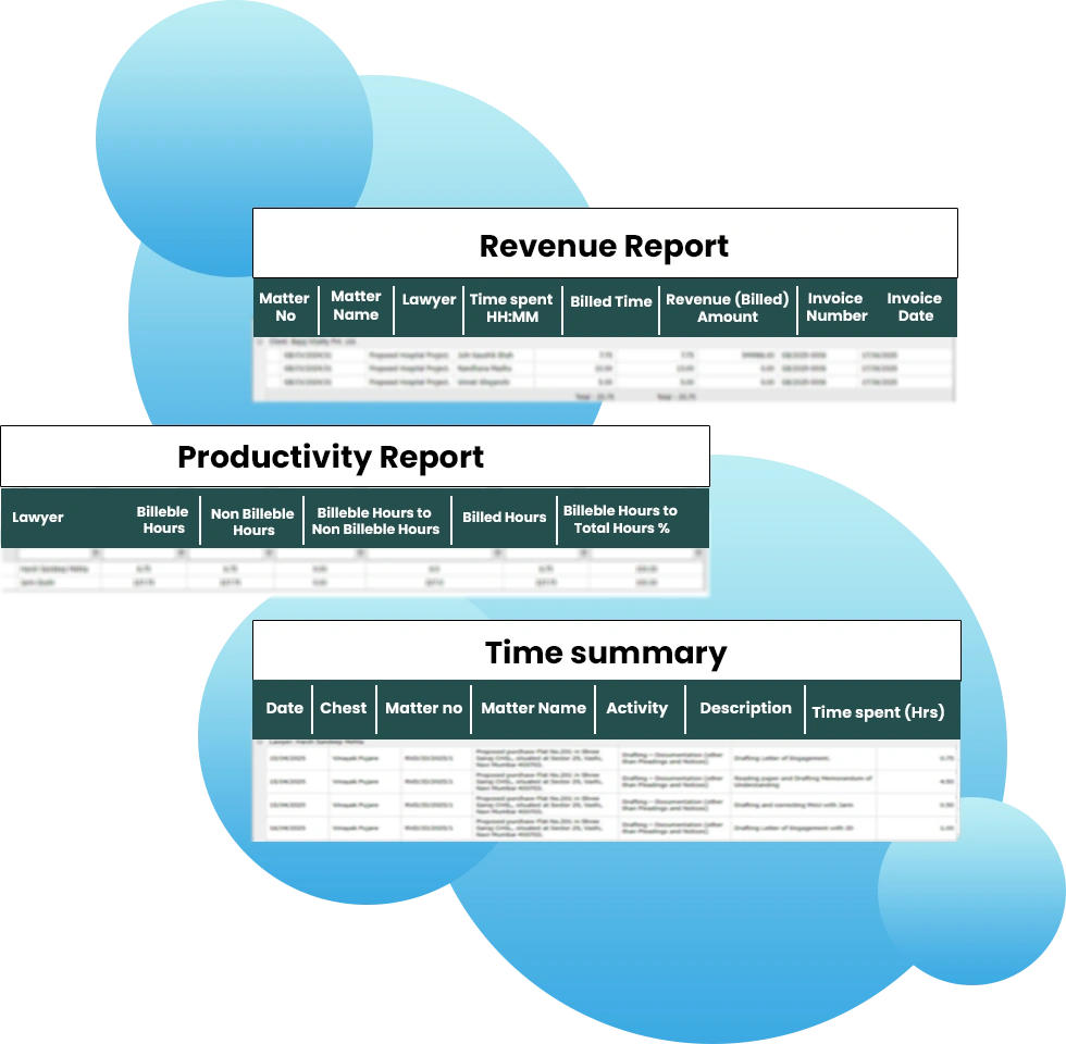Legal Billing Software showing lawyer productivity, revenue, and detailed time tracking reports.