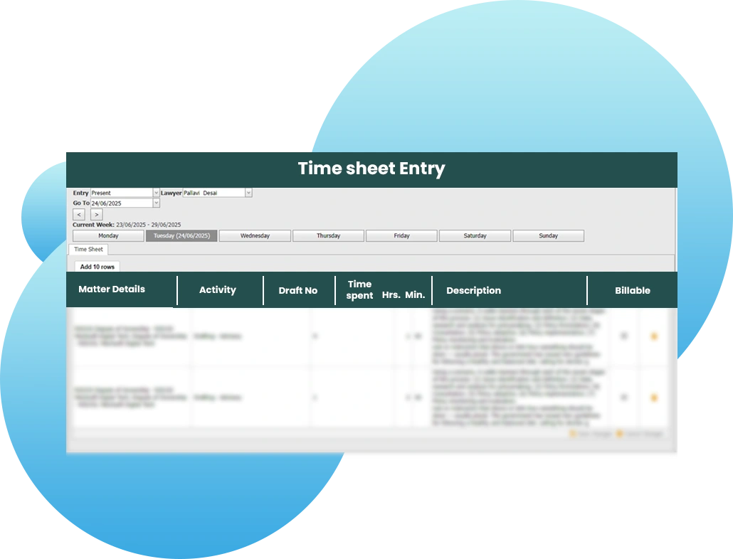 Law firm billing software timesheet entry screen for tracking lawyer activities and billable hours