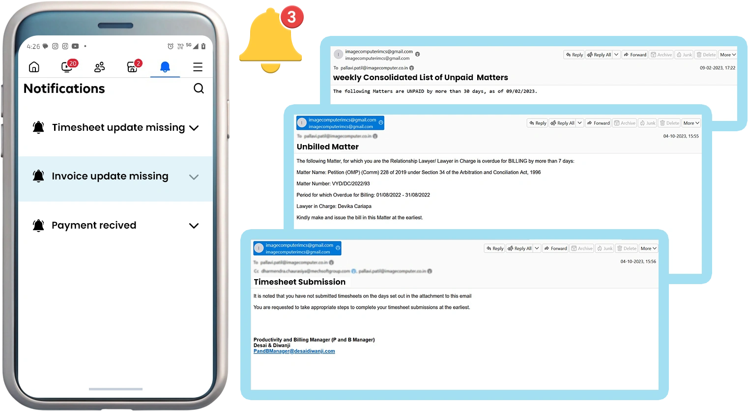Legal case management software notifications for timesheet updates, invoice alerts, and payment status.